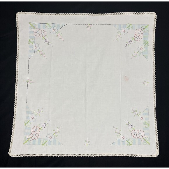 2 VTG kitchen Tablecloth Material 33in x 33in Hand Embroidered Flowers 1950s MCM - Picture 1 of 16